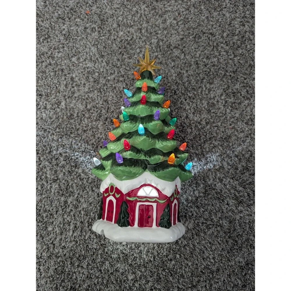Ceramic Green Christmas Tree On House With LED Lighting Holiday Art Decor 18